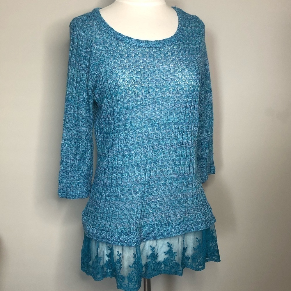 Krazy Kat Blue Knit & Lace Bottom Layered Sweater